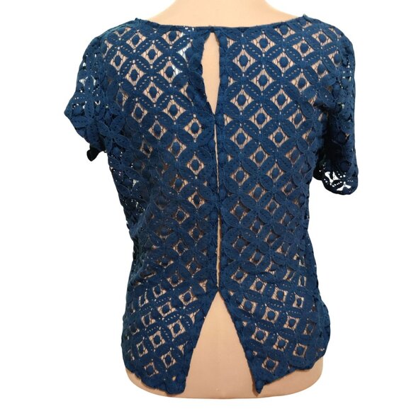 Per Seption Concept XL Navy Blue Lace Crochet Open Back Blouse Sheer Floral Chic - Picture 4 of 6